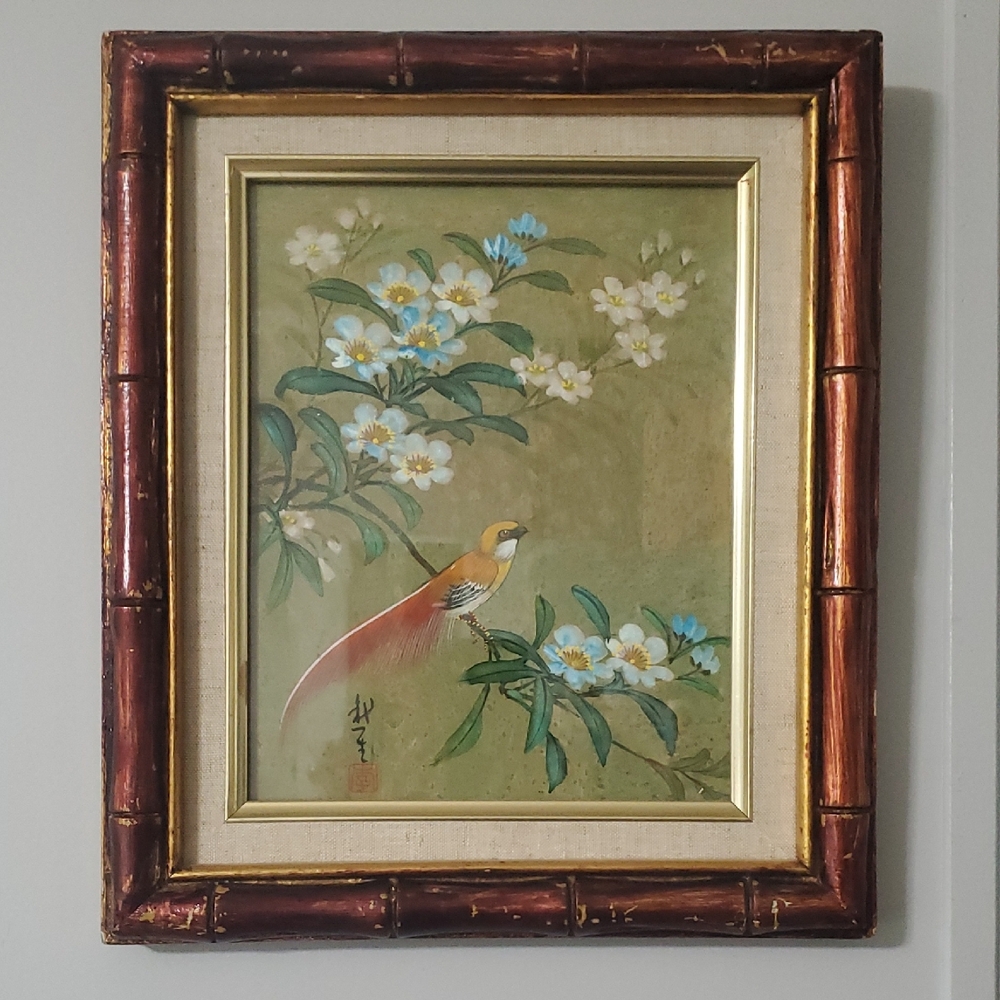 Elegant Floral Bird Wall Art with Brown Frame 12x14